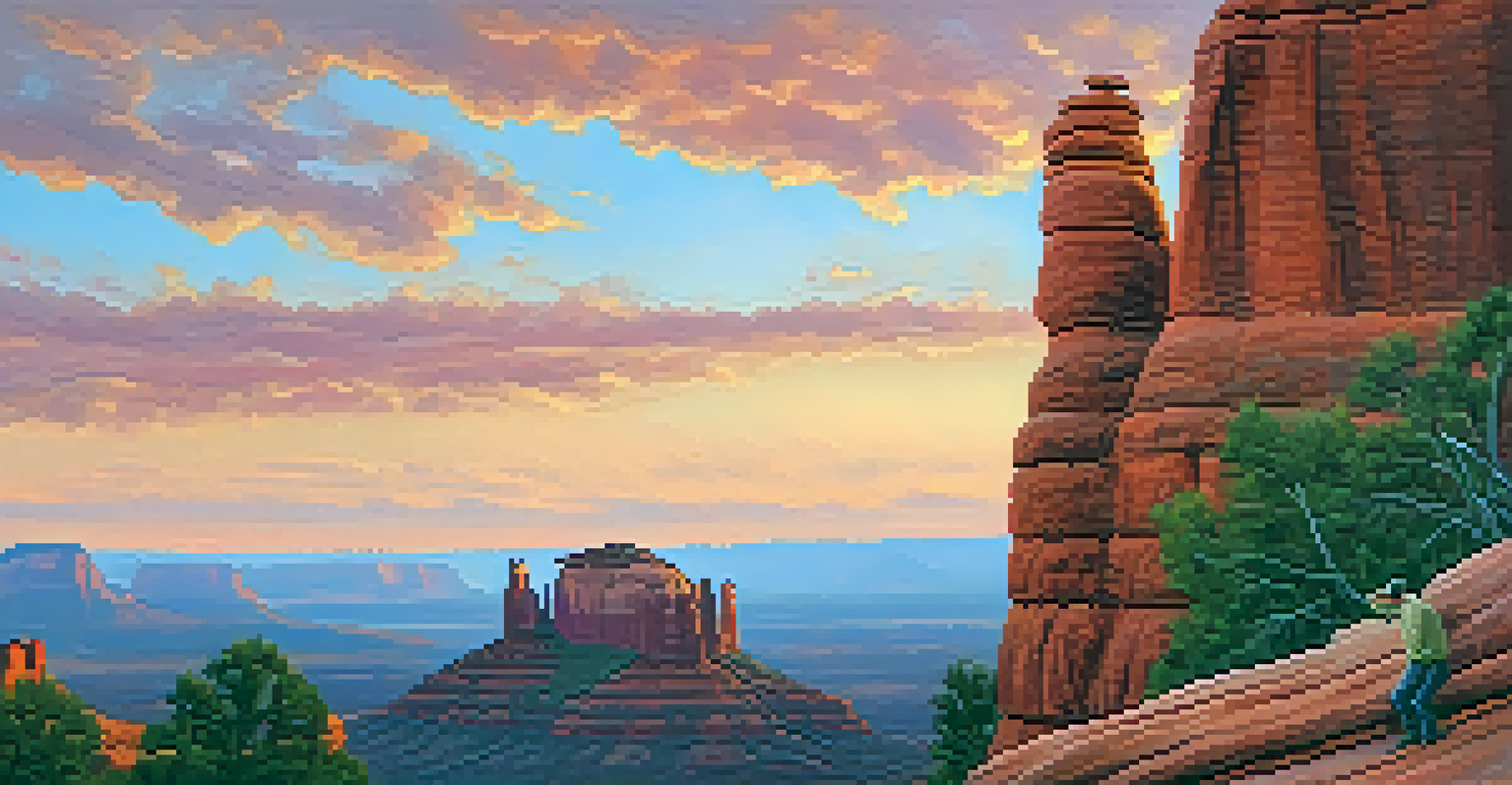 An artist standing on a cliff at dawn, gazing over Sedona's red rock formations, with a colorful sky in the background.