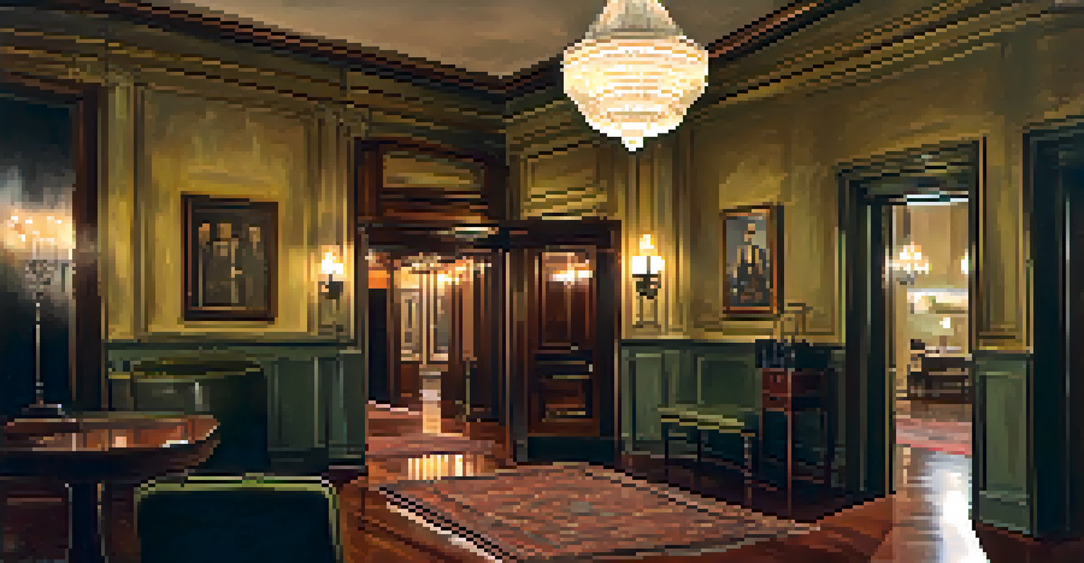 A cozy interior of the Hotel Monte Vista featuring vintage decor, warm candlelight, and an antique chandelier, creating a mysterious ambiance.