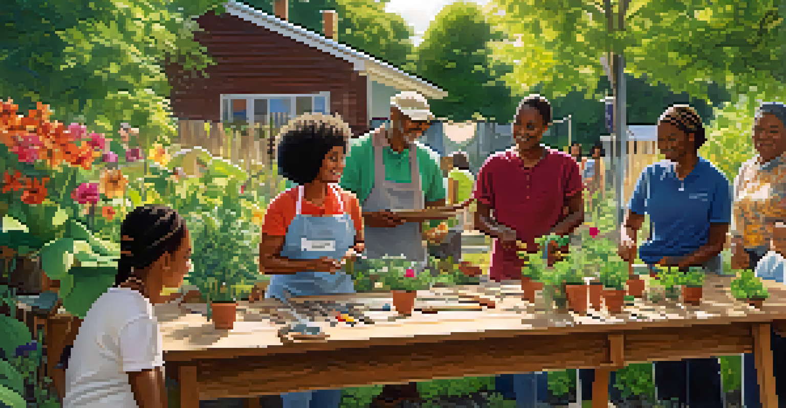A community gardening workshop with diverse participants around a table filled with gardening tools and plants, surrounded by lush greenery and flowers.
