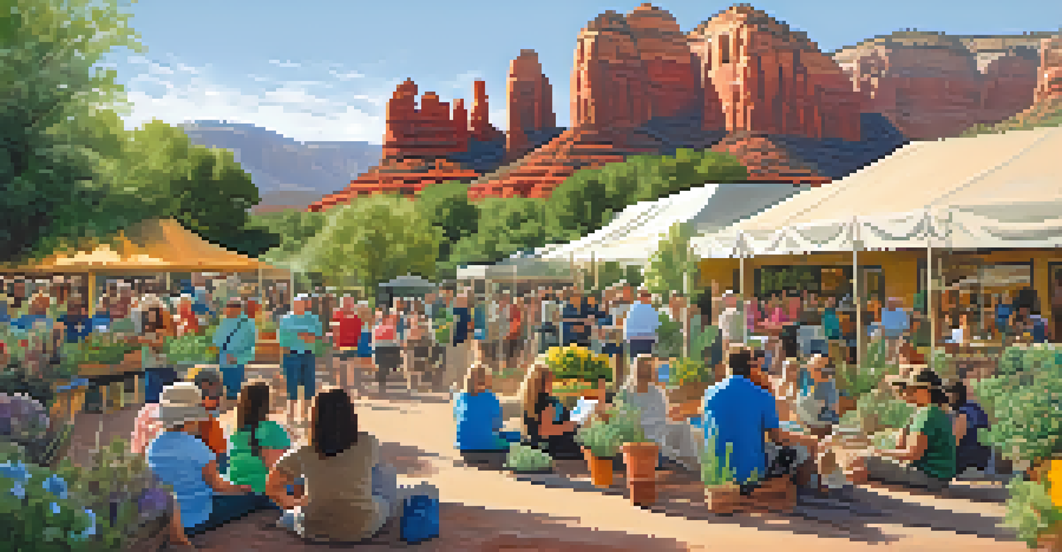 Residents of Sedona engaging in a sustainability workshop surrounded by native plants and colorful displays.