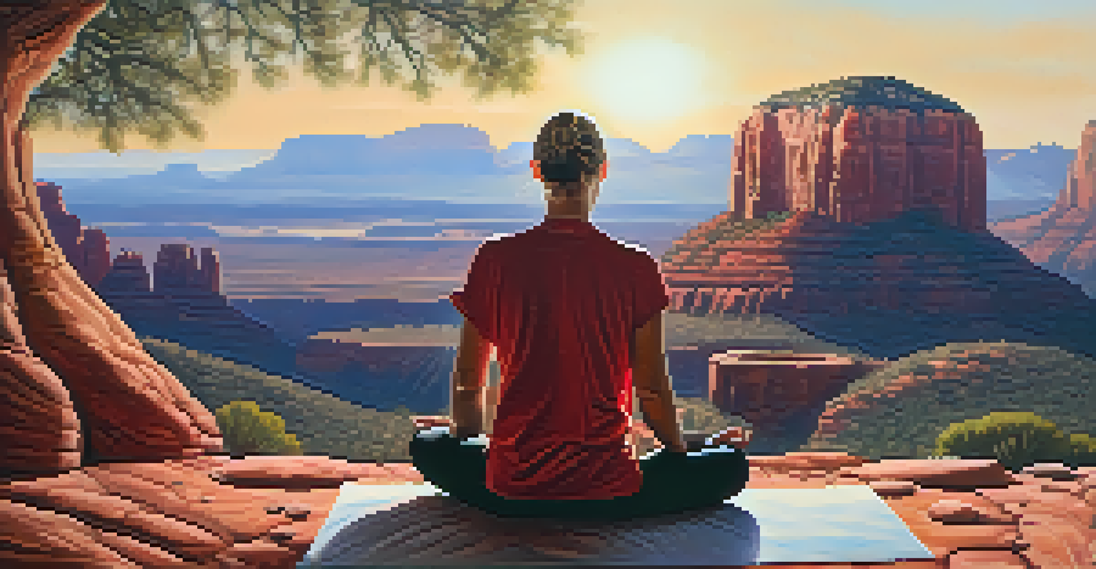 A person meditating with crystals in a serene setting against Sedona's red rock landscape during sunrise.