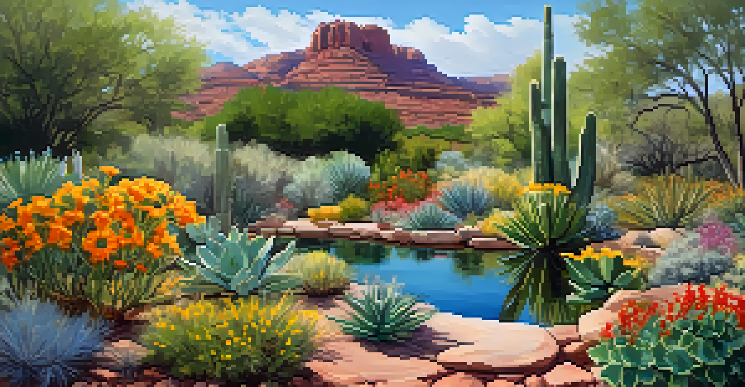 A beautiful garden featuring native Sedona plants like Saguaro cacti and wildflowers, with stone pathways and a small water feature under a clear blue sky.