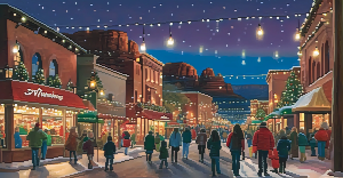 A vibrant street in Sedona decorated with holiday lights, where families are enjoying the festive atmosphere together.