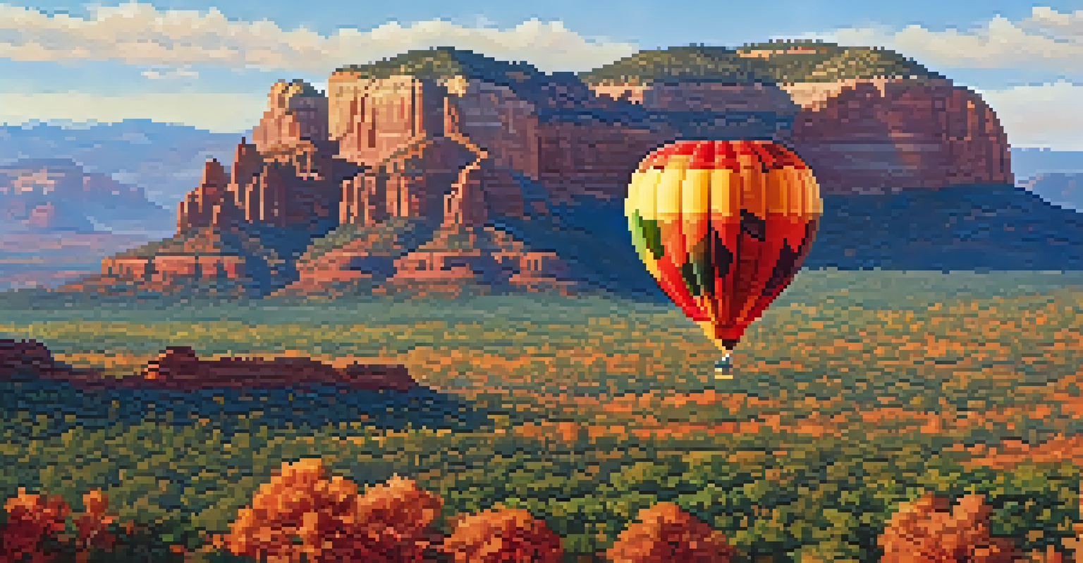 A colorful hot air balloon flying over Sedona's vibrant autumn landscape, showcasing red and orange foliage.