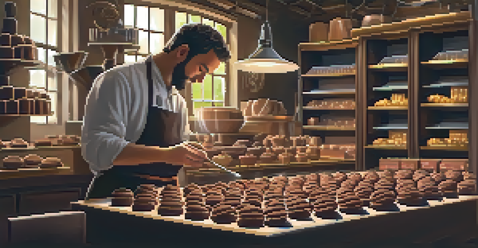 An artisan chocolatier crafting handmade truffles in a workshop, surrounded by chocolate molds and finished chocolates, with warm ambient lighting.