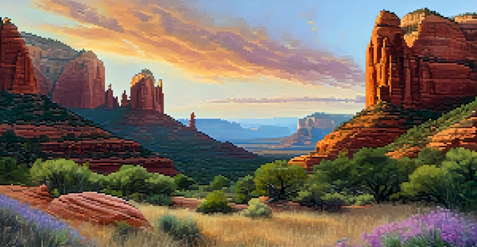 A panoramic view of Sedona's red rock formations at sunset, featuring a smooth hiking trail and vibrant wildflowers in the foreground.