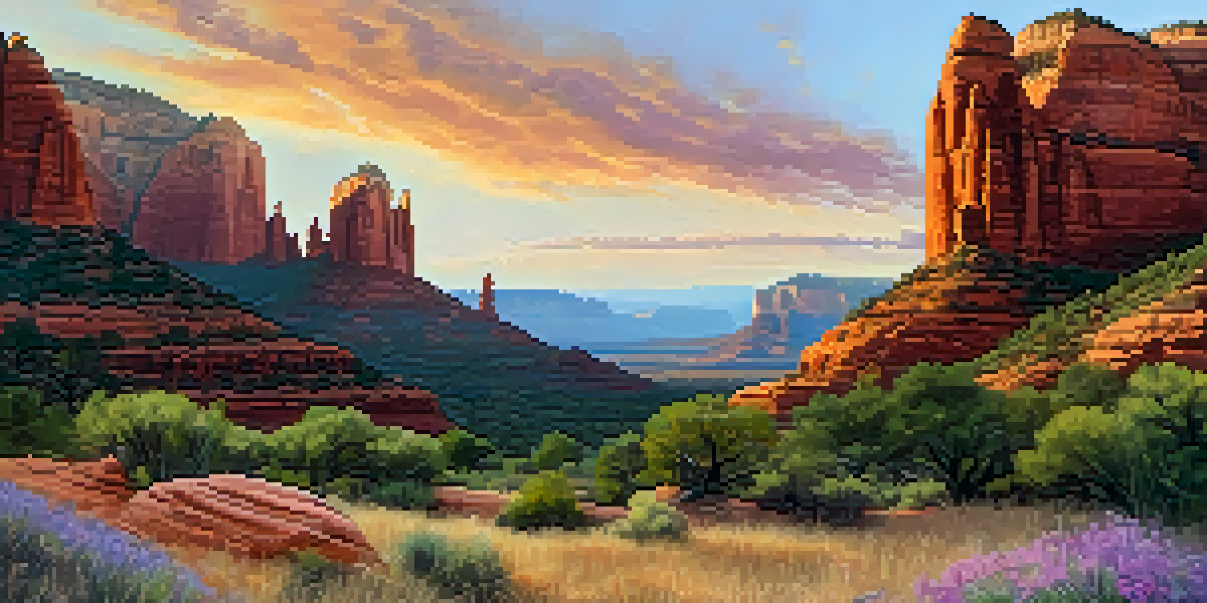 A panoramic view of Sedona's red rock formations at sunset, featuring a smooth hiking trail and vibrant wildflowers in the foreground.