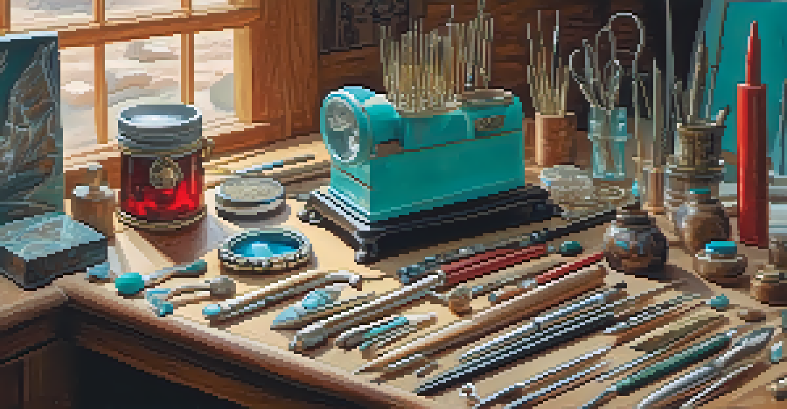 A jeweler's workspace in Sedona showcasing beautiful handmade jewelry made from turquoise and red coral.