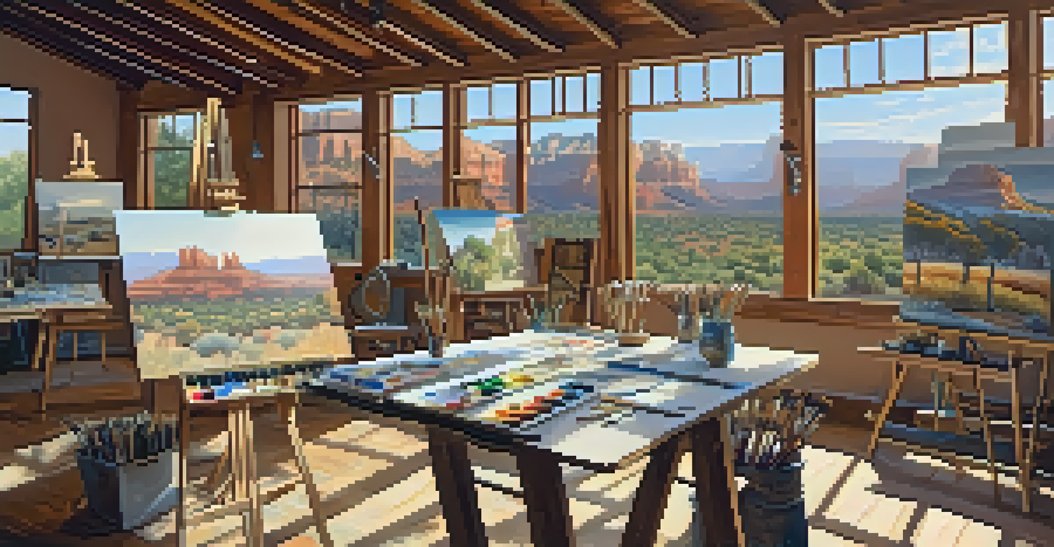 An artist's studio filled with art supplies, easels, and colorful artworks in a bright space.