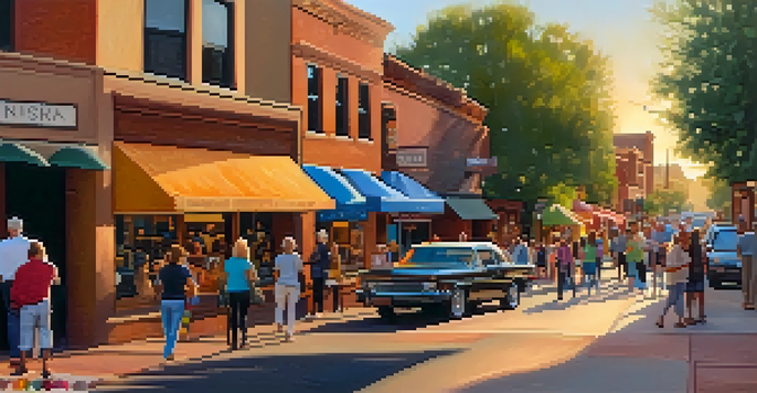 A bustling street during Sedona's Art Walk with art galleries, sculptures, and people enjoying the evening.