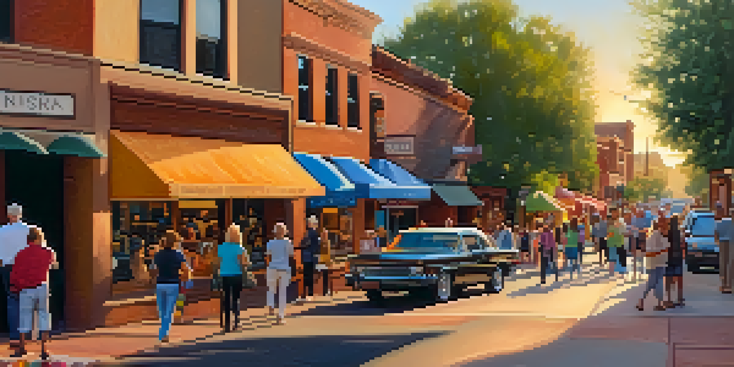 A bustling street during Sedona's Art Walk with art galleries, sculptures, and people enjoying the evening.