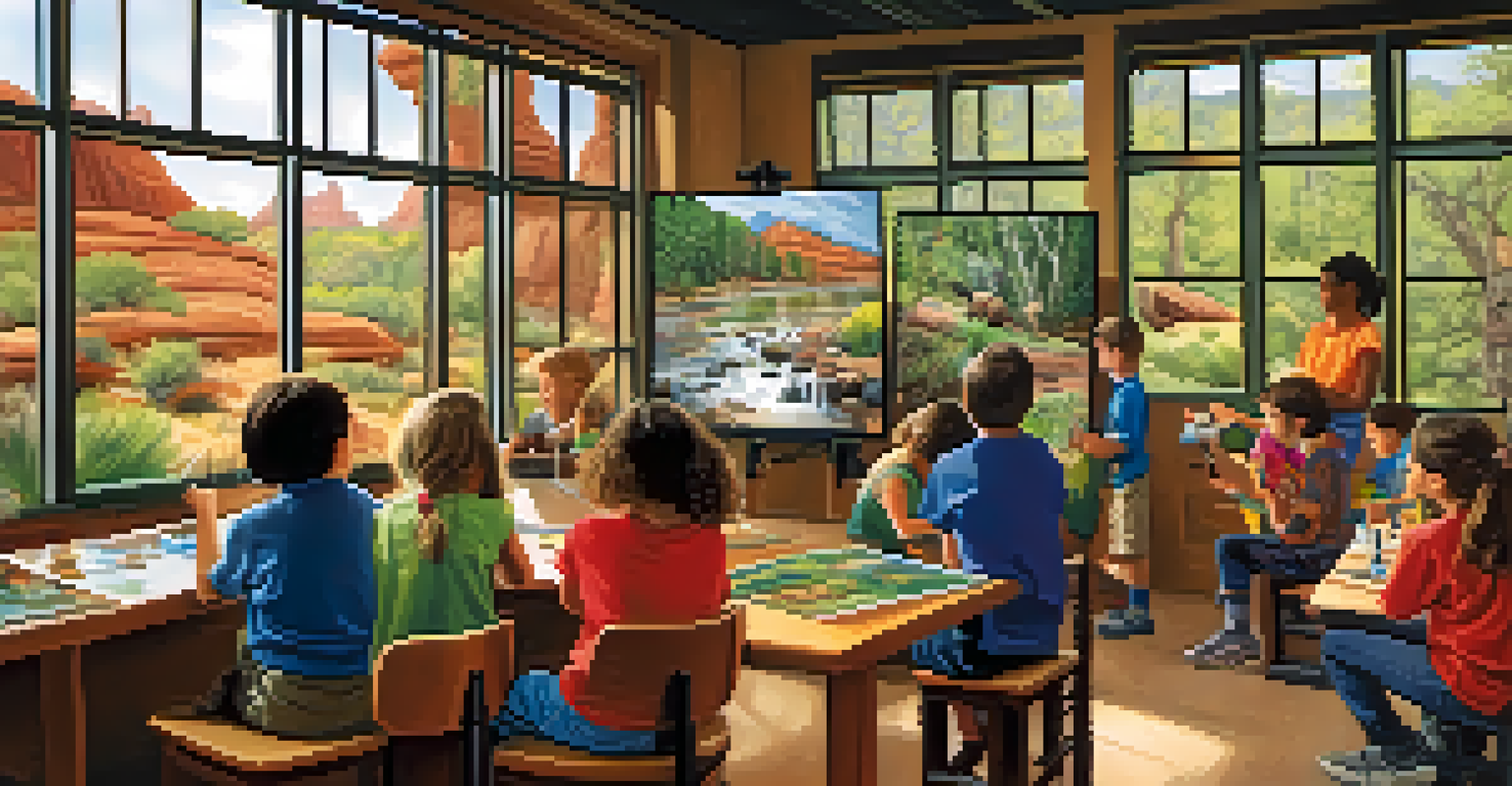 Children and adults observing wildlife in an educational workshop at a nature center with colorful posters.