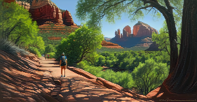 A scenic view of Oak Creek Trail in Sedona, showcasing red rocks and greenery, with a hiker in the distance.