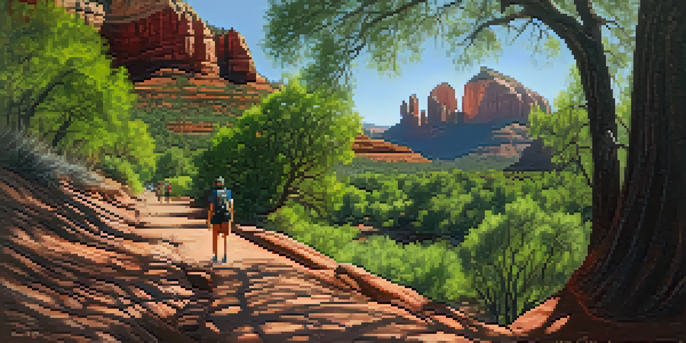A scenic view of Oak Creek Trail in Sedona, showcasing red rocks and greenery, with a hiker in the distance.