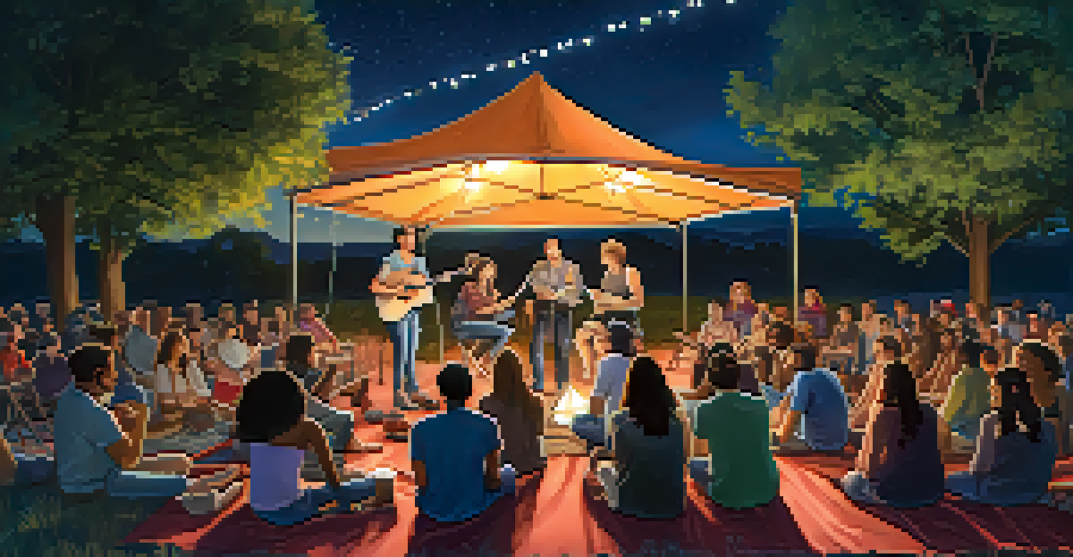 An outdoor open mic night with performers on stage and a vibrant audience enjoying the event under the stars.