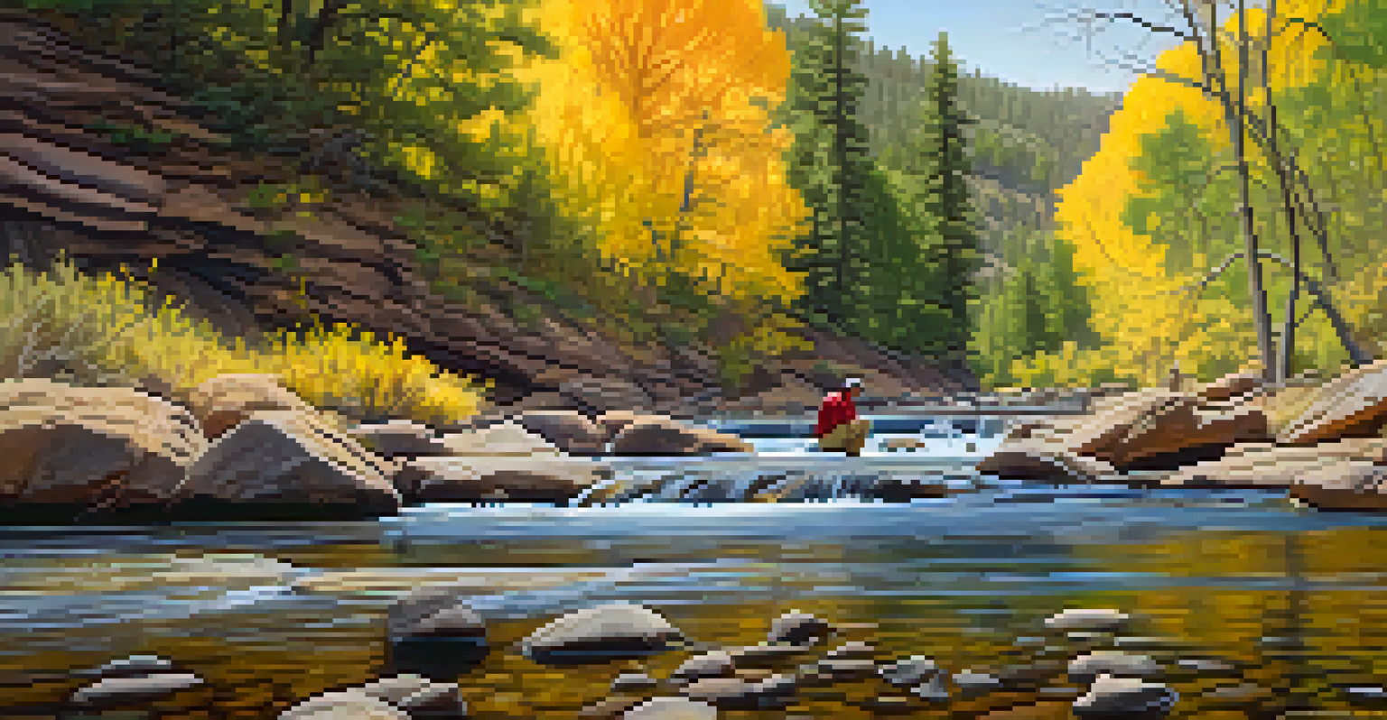 A yellow warbler near a flowing stream in Oak Creek Canyon with a birdwatcher nearby.