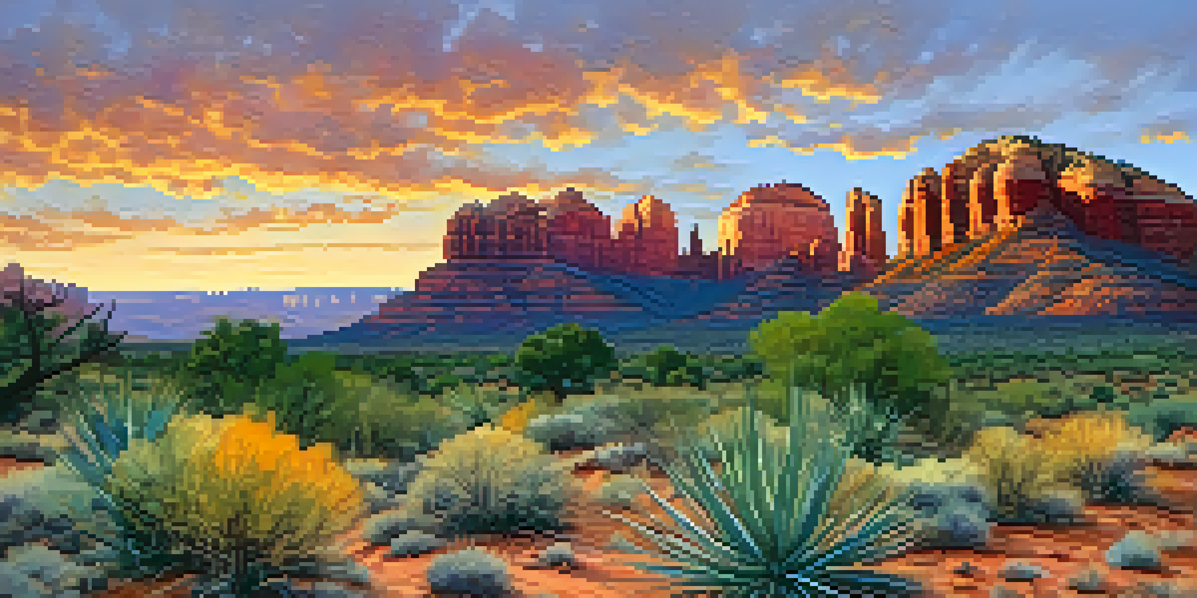 A panoramic view of red rock formations in Sedona at sunset, with vibrant colors in the sky and a desert landscape in the foreground.