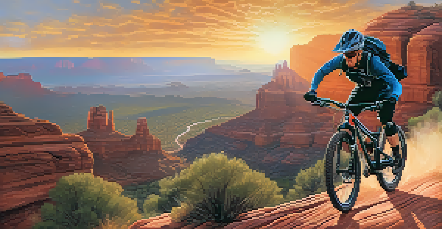 A mountain biker skillfully riding over rocky terrain with red cliffs and a sunset in the background in Sedona.