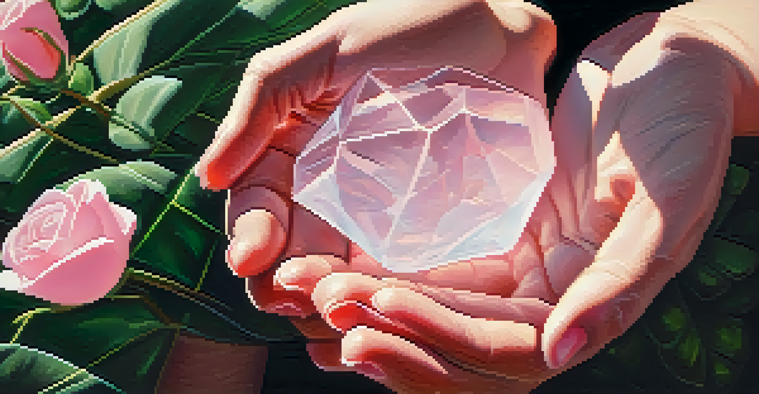 A person's hands holding a rose quartz crystal with a green plant in the background.