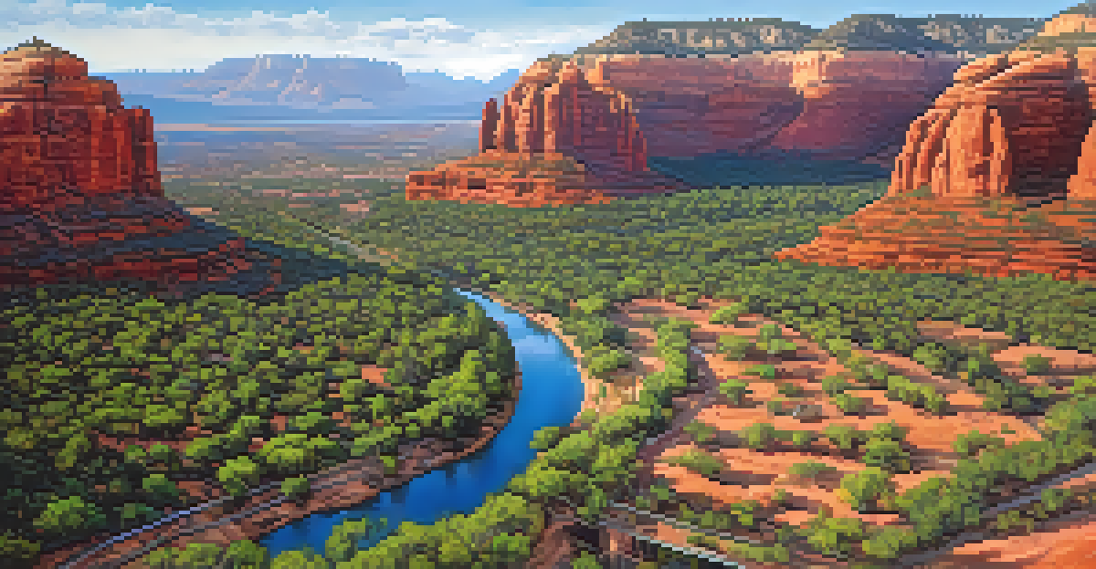 Aerial view of Sedona with hikers on trails, red rocks, and an art festival in the distance, highlighting the blend of nature and culture.