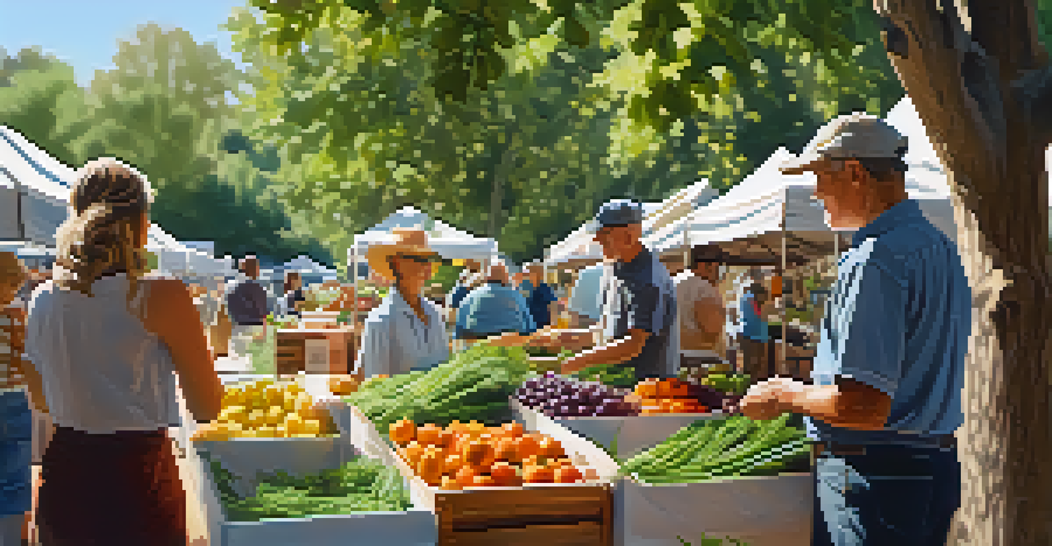 A close-up view of vendors and handmade crafts at the Oak Creek Farmers Market surrounded by nature.
