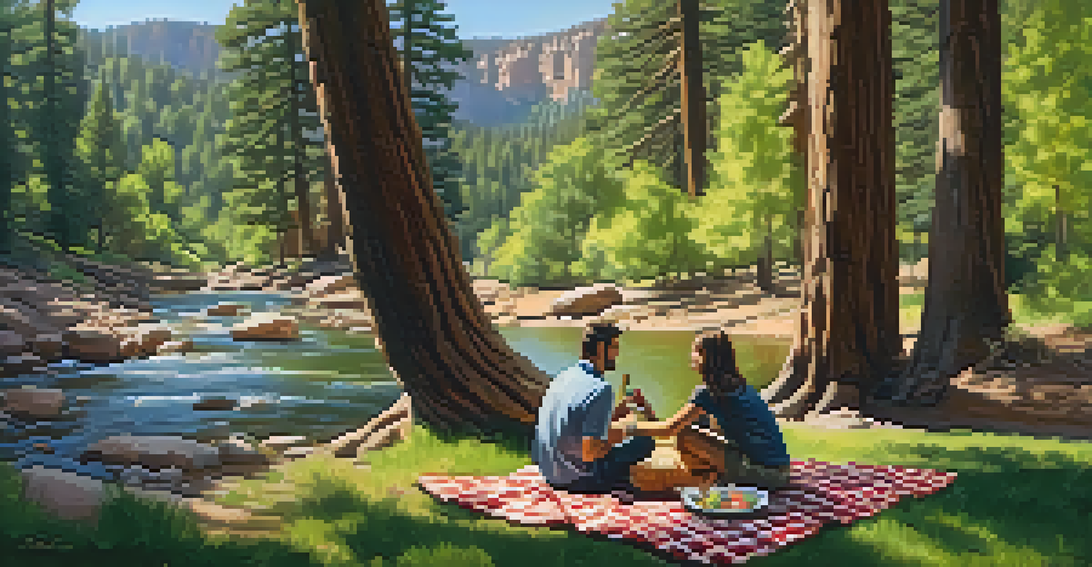 A couple having a picnic under tall pine trees by a creek in Oak Creek Canyon, surrounded by lush greenery and dappled sunlight.