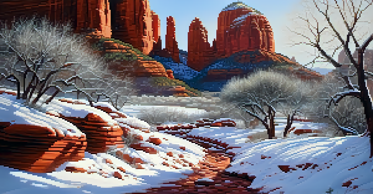 A winter scene in Sedona with snow covering the red rock formations, creating a contrast between the white snow and red sandstone under soft sunlight.
