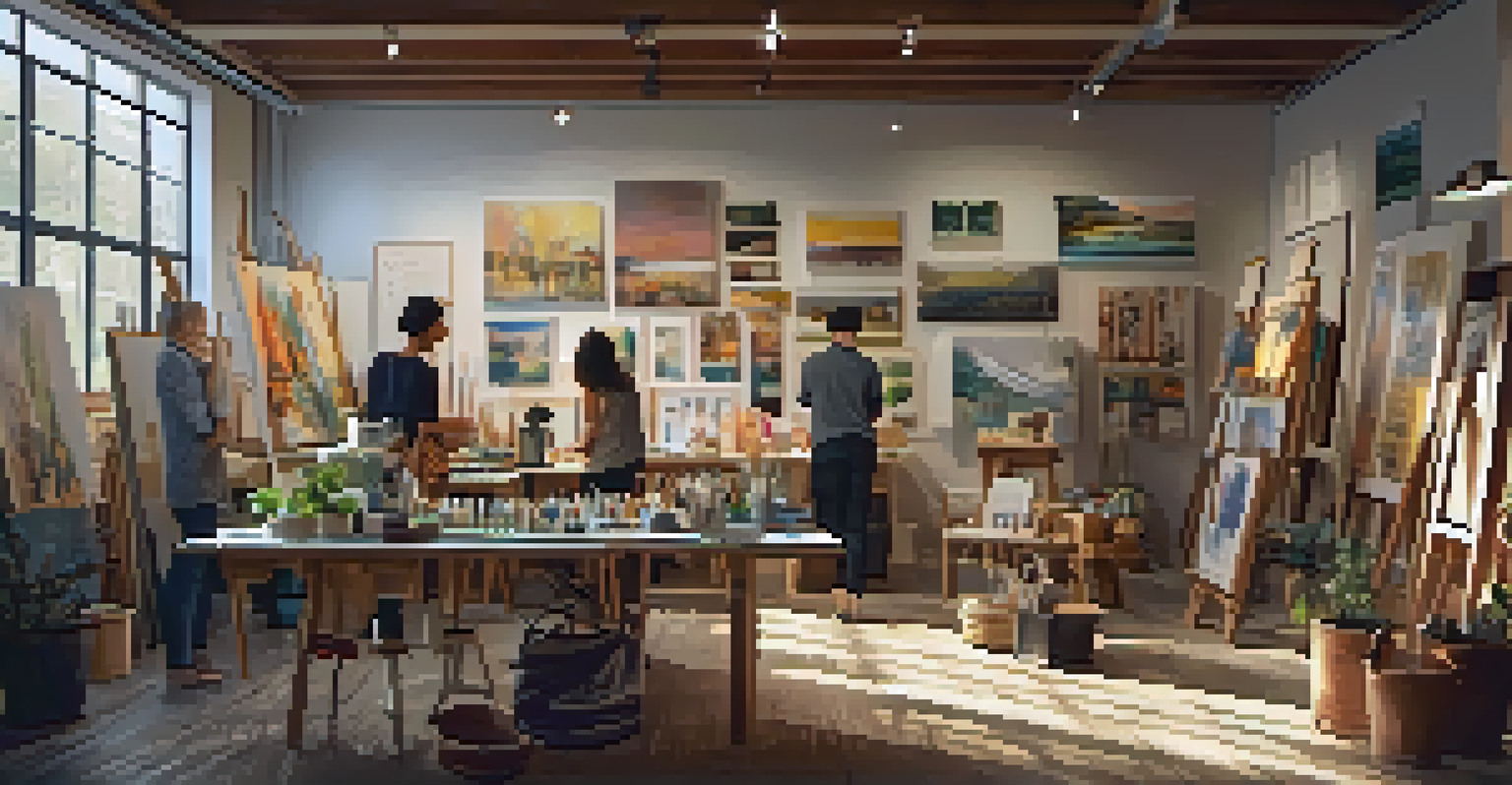 An inviting art studio with artists participating in a workshop surrounded by various art supplies and inspirational decorations.