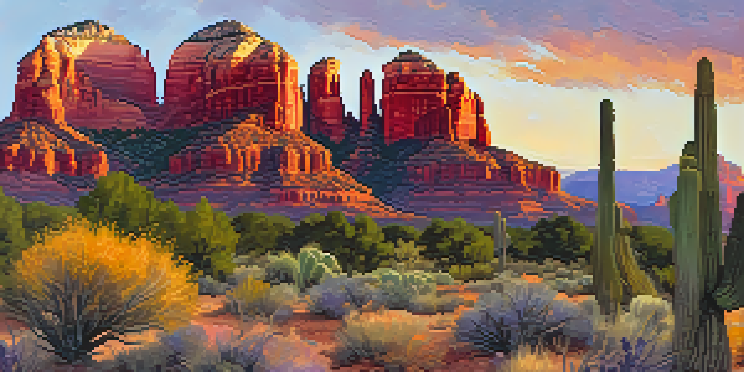Panoramic view of Sedona's red rock formations at sunset, showcasing warm colors in the sky and vibrant rock faces.
