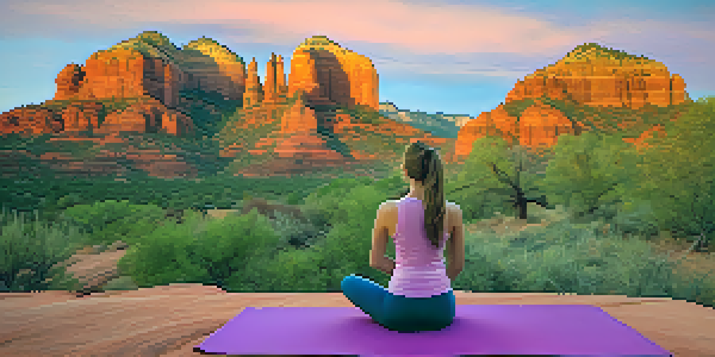 A person meditating on a yoga mat in front of Sedona's red rock formations during sunset, surrounded by blooming wildflowers.