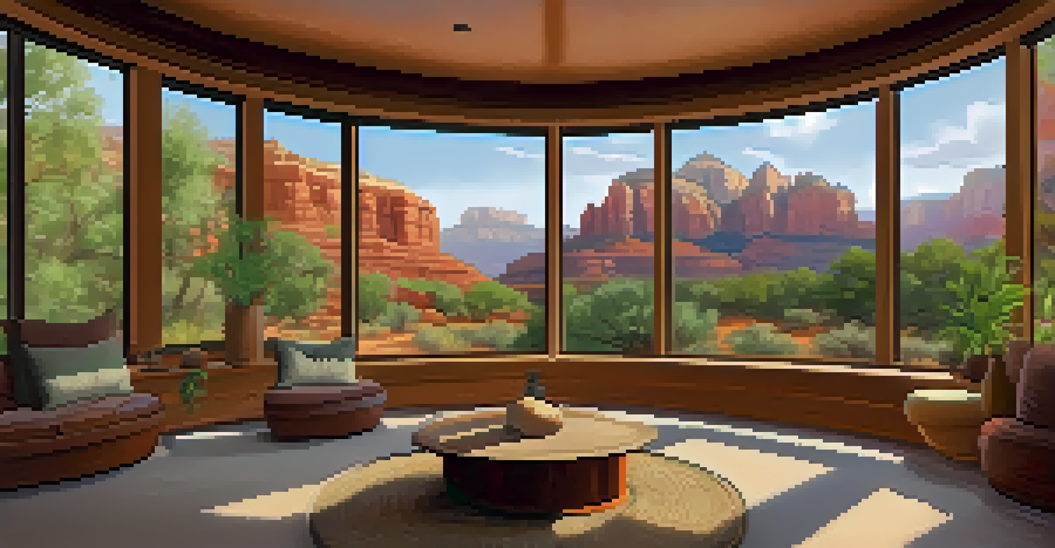 A cozy meditation center interior in Sedona with cushions, soft lighting, and a view of red rocks through large windows.