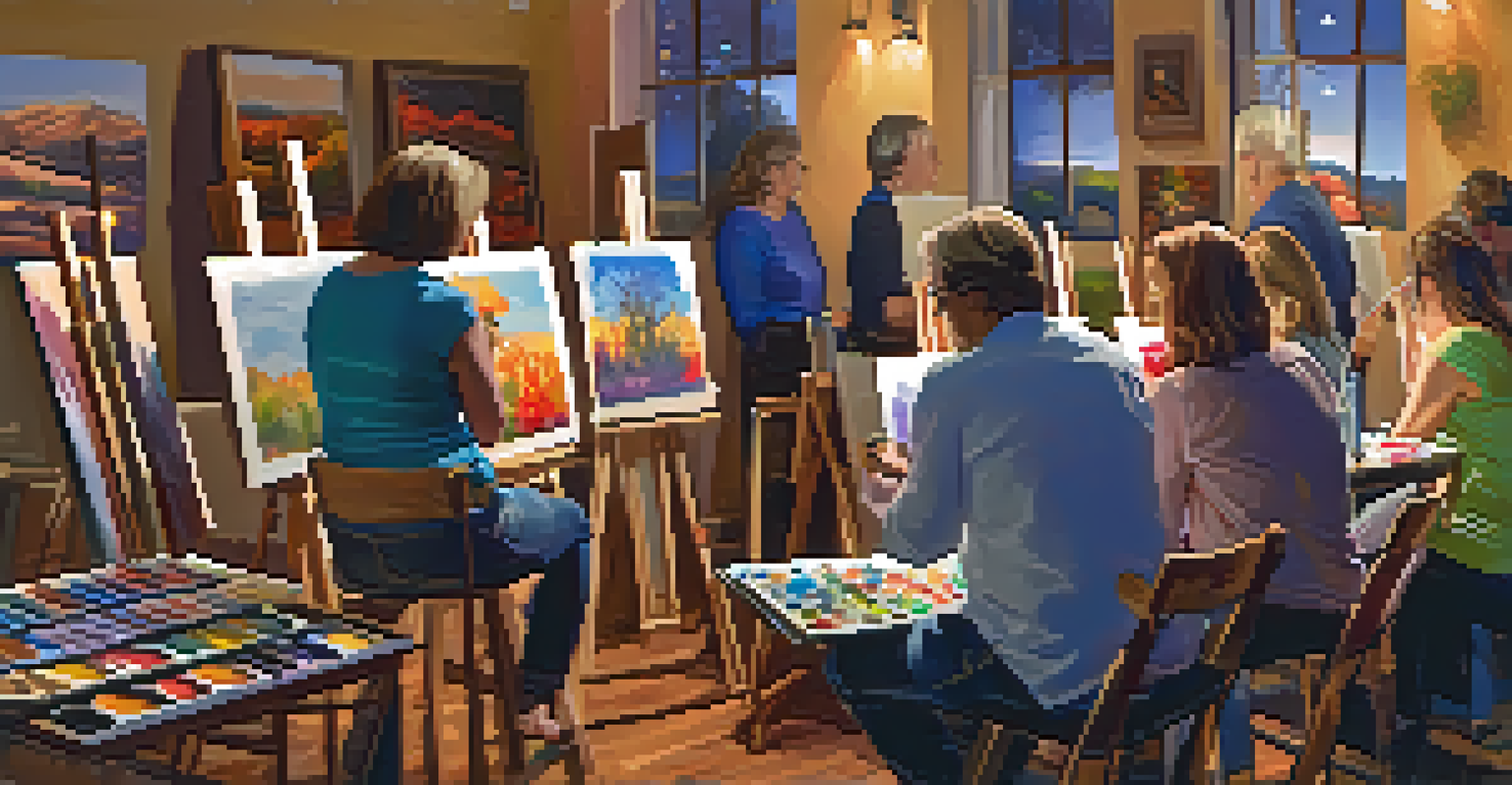 A creative wine and paint night in Sedona with people painting at easels and enjoying glasses of wine, surrounded by colorful palettes and brushes.