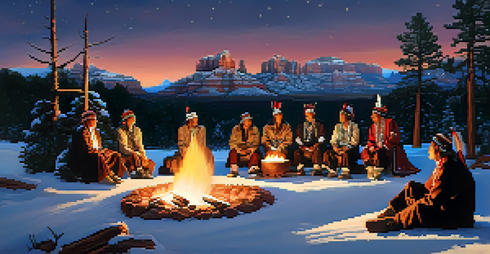 A winter gathering of Native American community members around a fire in a snowy Sedona landscape, with red rock formations in the background.