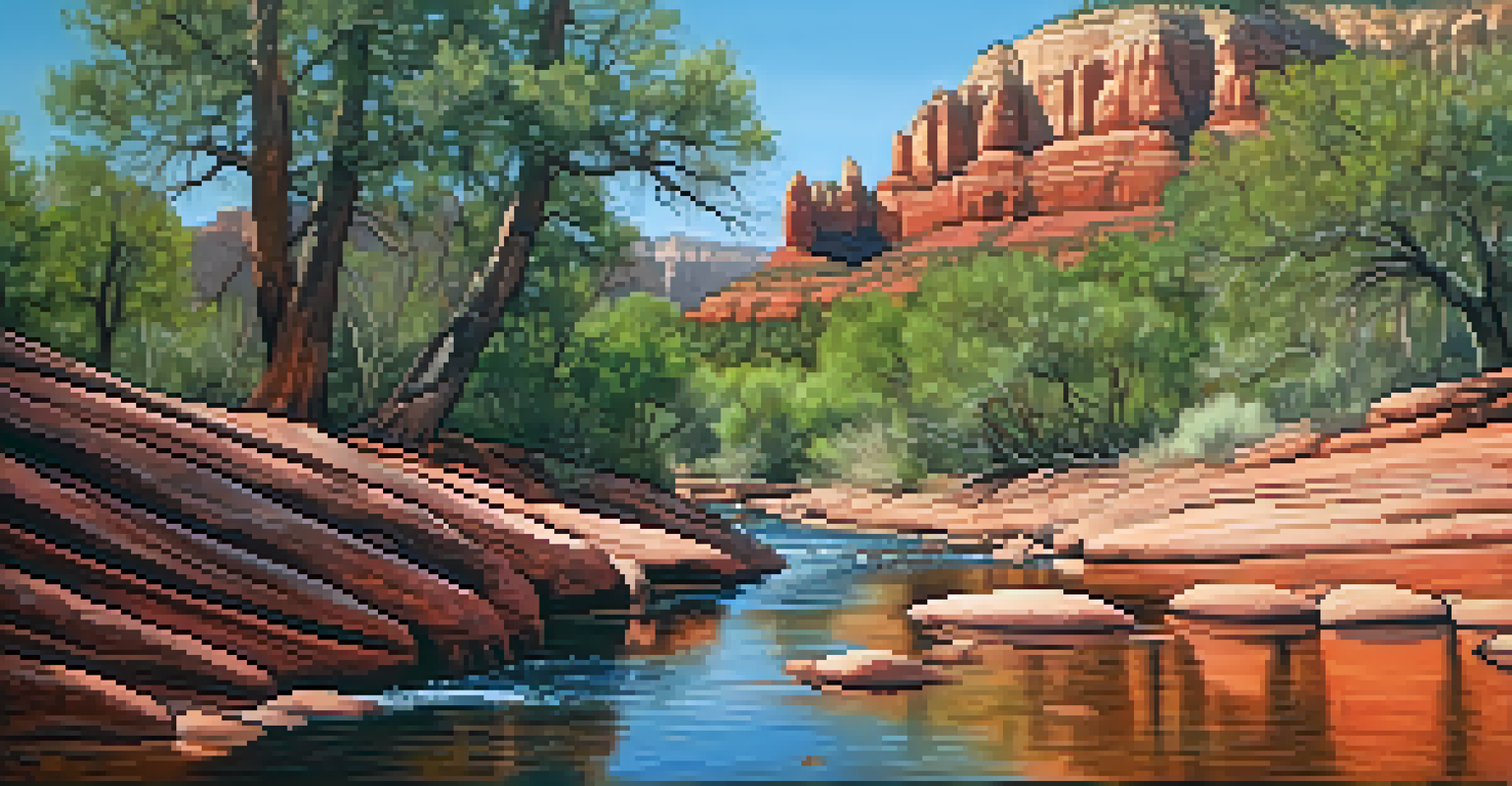 Close-up of textured red rocks in Sedona with sunlight filtering through trees and a small stream reflecting the landscape.