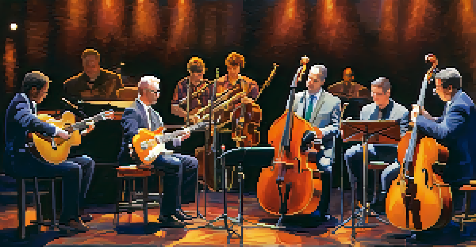 A cozy jazz festival scene in Sedona with musicians performing on stage and an engaged audience in a warm-lit venue.