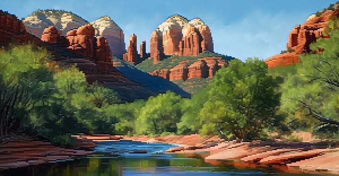 A tranquil view of Sedona's red rock formations with an eco-friendly hotel in the foreground, surrounded by greenery and a winding creek.