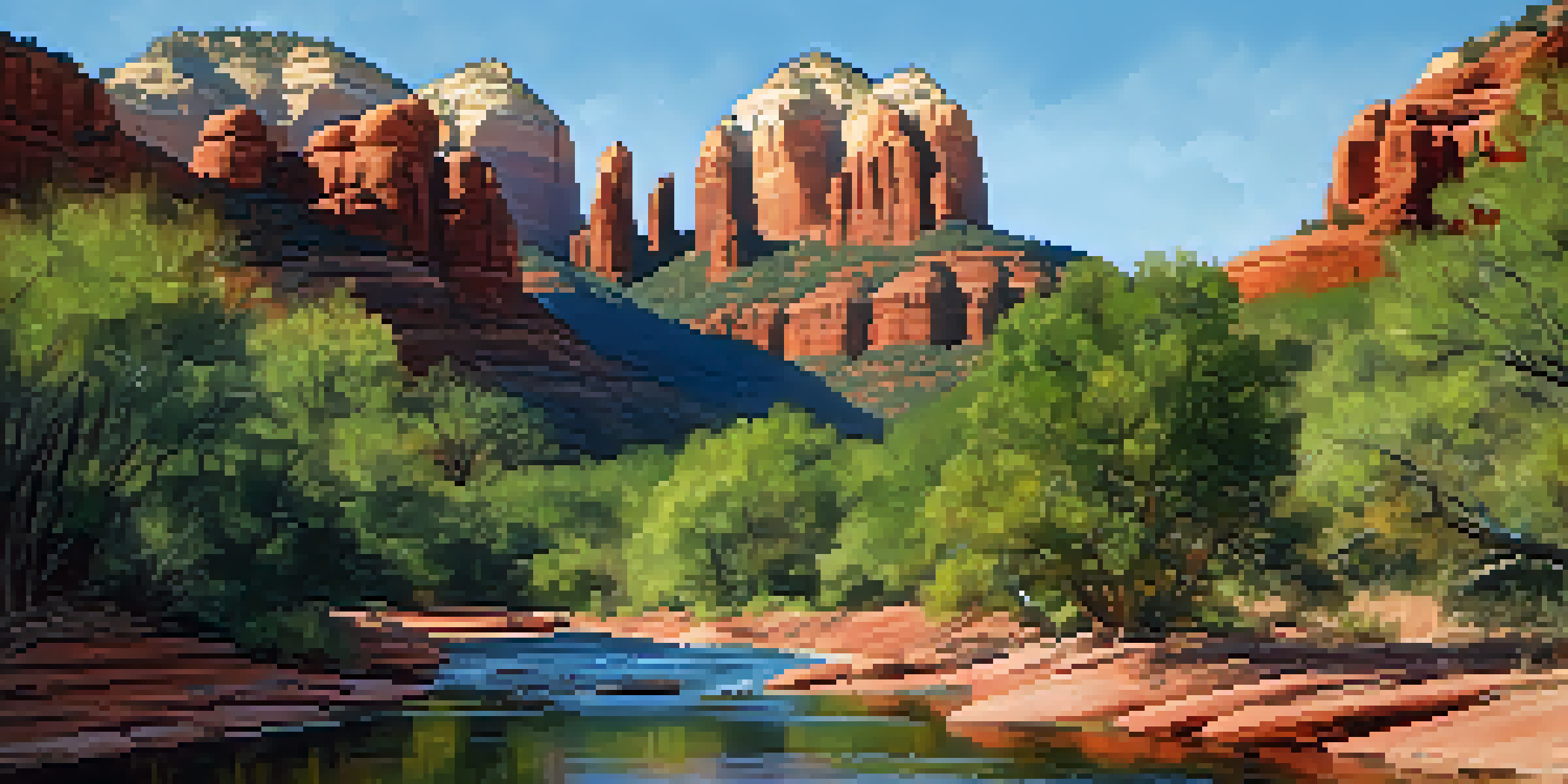 A tranquil view of Sedona's red rock formations with an eco-friendly hotel in the foreground, surrounded by greenery and a winding creek.