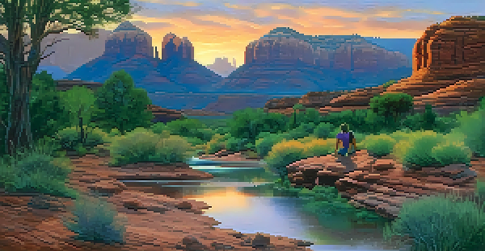 A beautiful sunset over Sedona's red rock formations, featuring a green landscape and a stream with people enjoying the view.