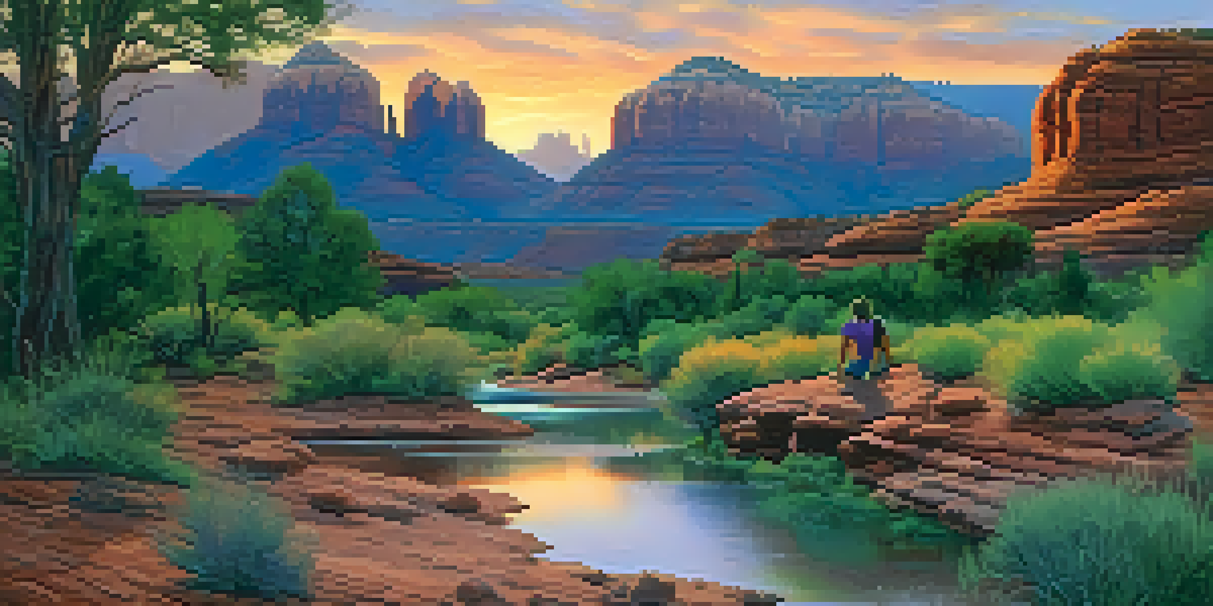 A beautiful sunset over Sedona's red rock formations, featuring a green landscape and a stream with people enjoying the view.