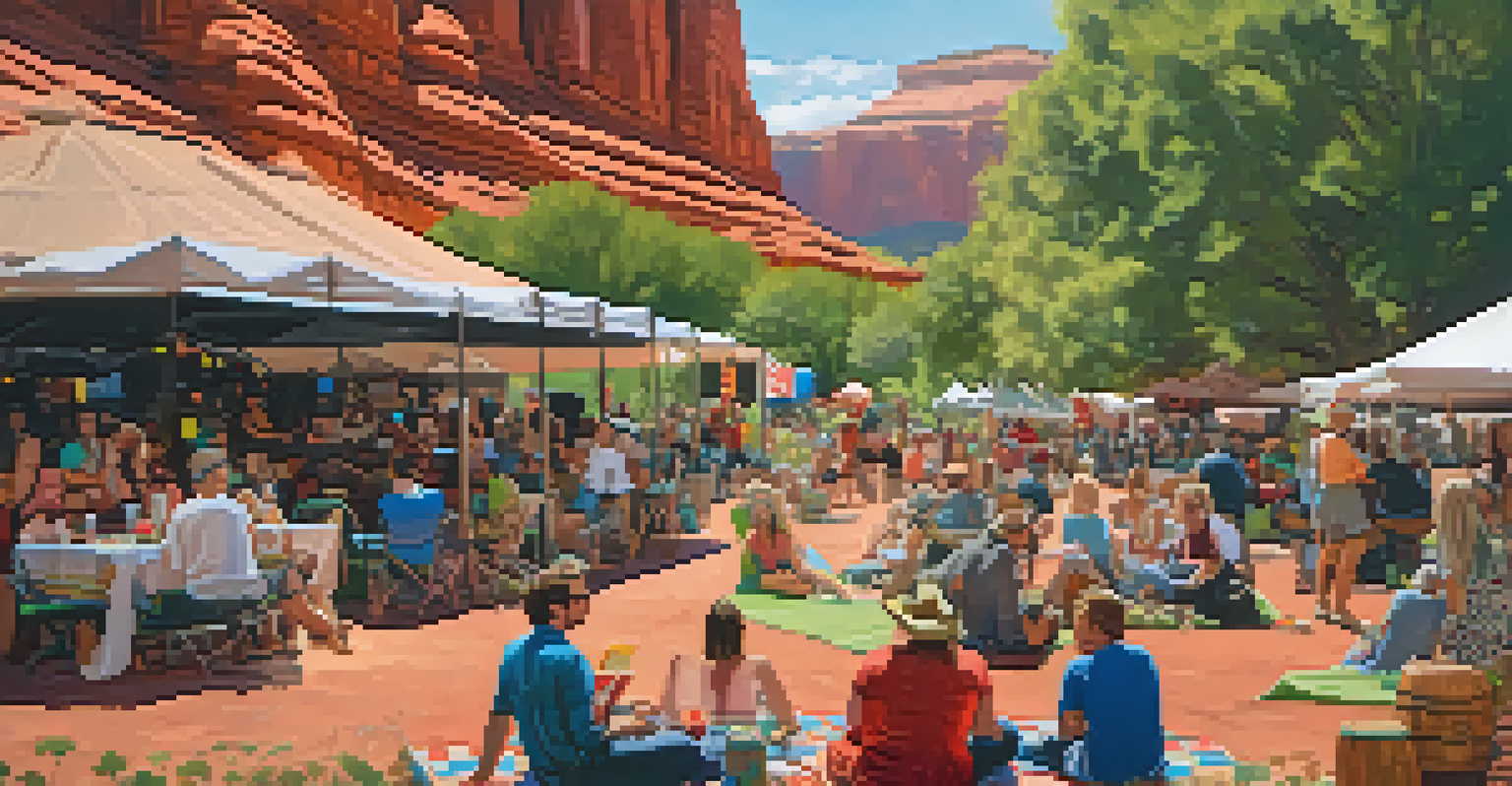 Attendees relaxing on picnic blankets at a Sedona music festival, surrounded by nature and red rock formations, enjoying food and live music.