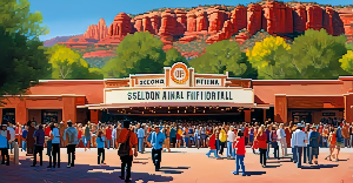 A crowd of film enthusiasts gathered outside a theater with red rock formations in the background, celebrating the Sedona International Film Festival.