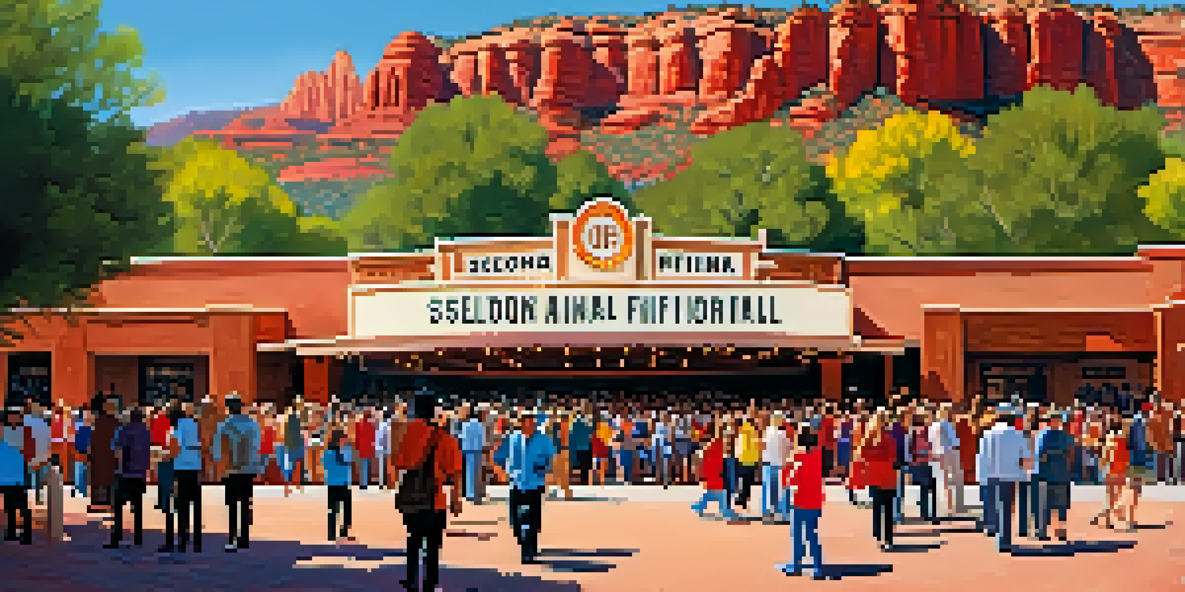 A crowd of film enthusiasts gathered outside a theater with red rock formations in the background, celebrating the Sedona International Film Festival.