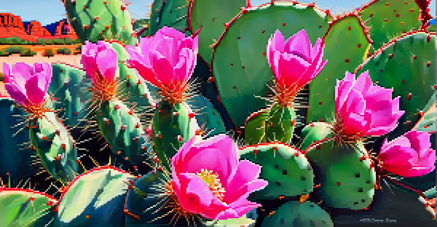 A close-up of a prickly pear cactus with green pads and pink flowers, set against a softly blurred desert background in Sedona.