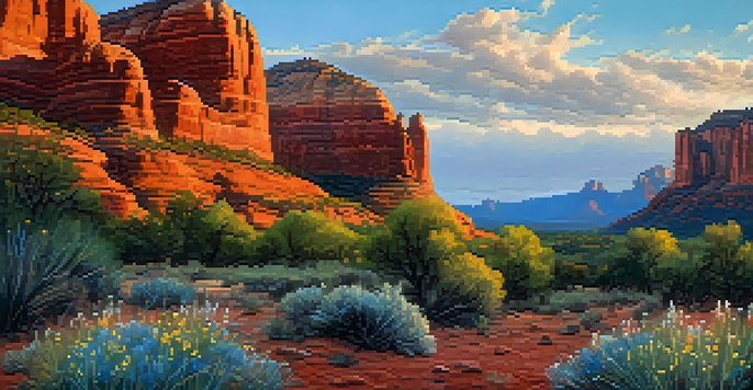 A scenic view of Sedona's red rocks bathed in morning light, with wildflowers in the foreground and a soft blue sky.