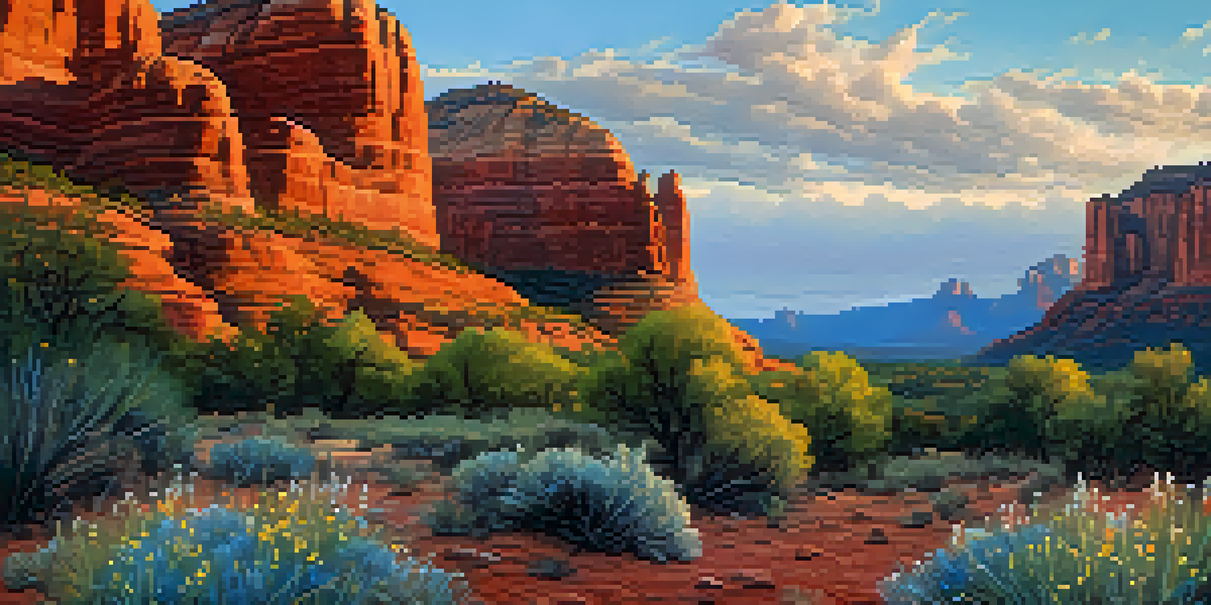A scenic view of Sedona's red rocks bathed in morning light, with wildflowers in the foreground and a soft blue sky.
