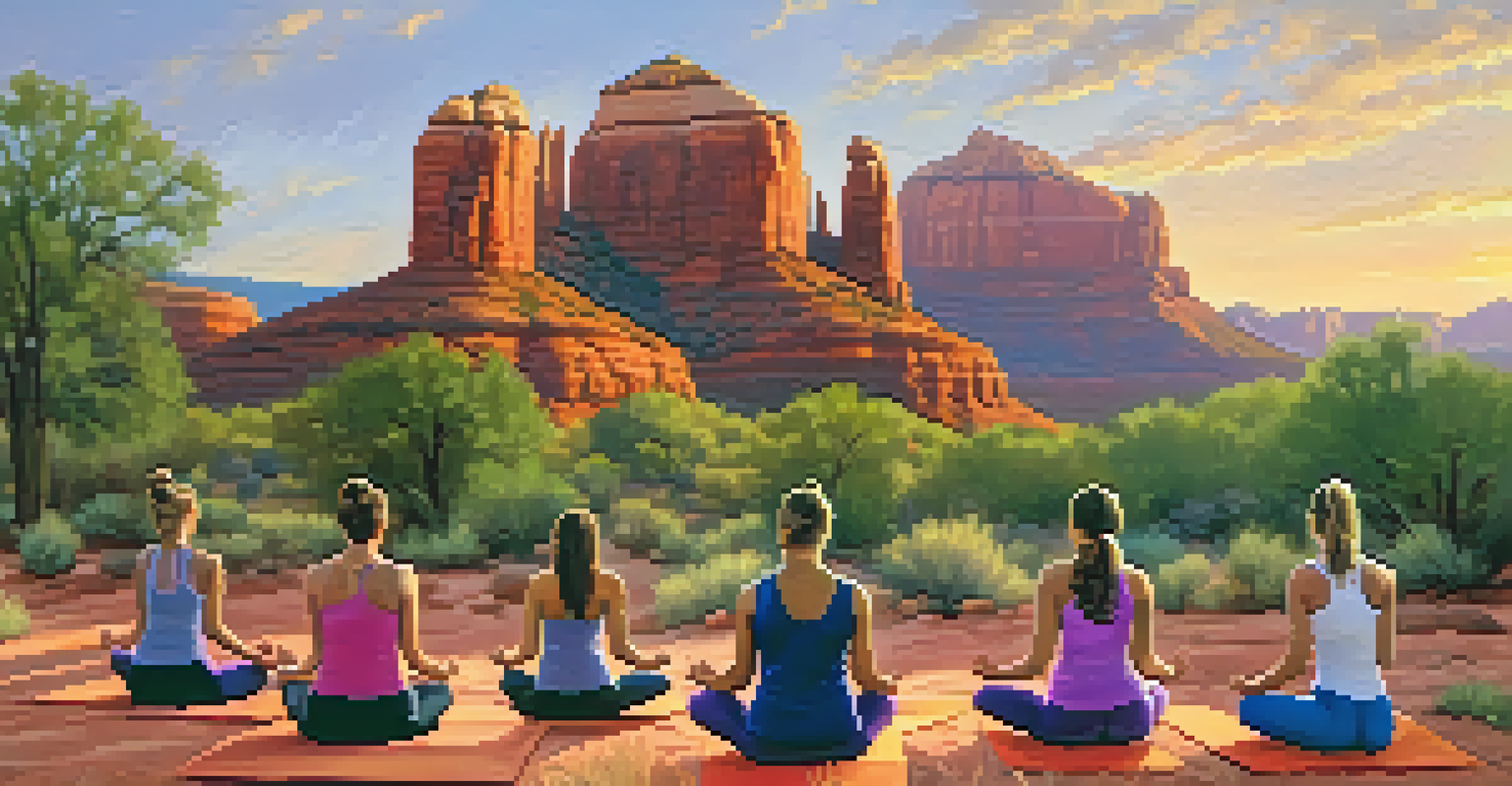 Participants practicing yoga on red rocks in Sedona during a colorful sunset.