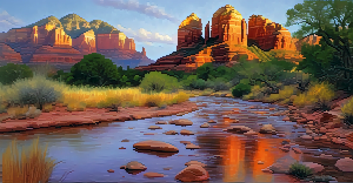 A scenic sunset view of Sedona's red rock formations with a gentle stream in the foreground.
