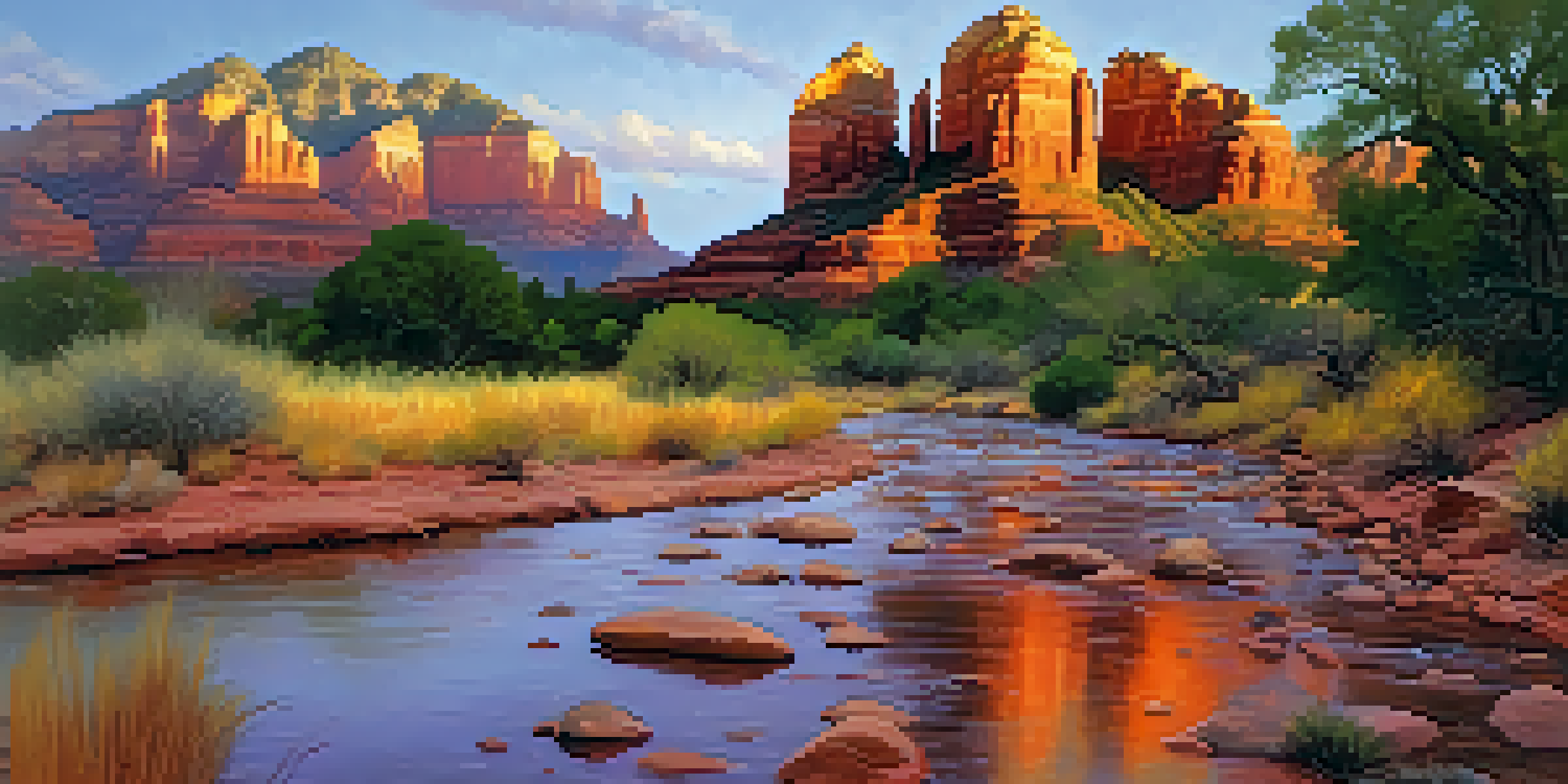 A scenic sunset view of Sedona's red rock formations with a gentle stream in the foreground.