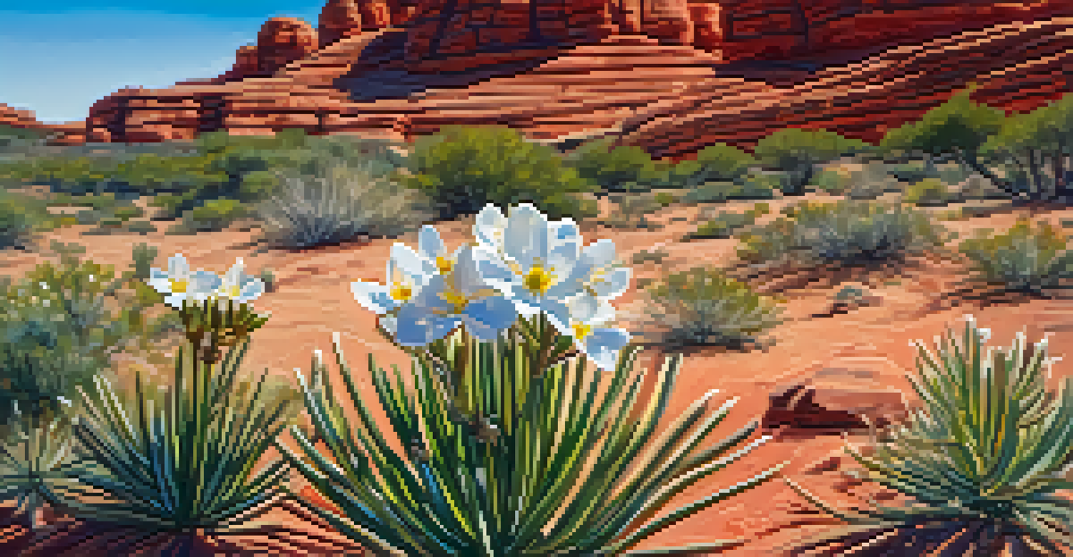 An up-close view of a blooming desert wildflower with red rock formations blurred in the background under a bright blue sky.