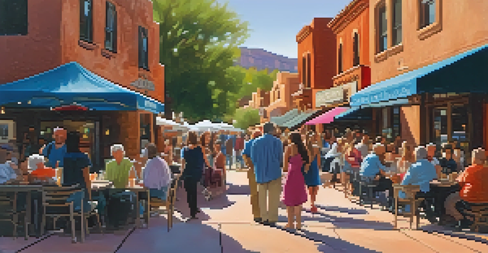 A lively outdoor art walk in Sedona with local artists and colorful art pieces displayed, warm lights, and a twilight sky.
